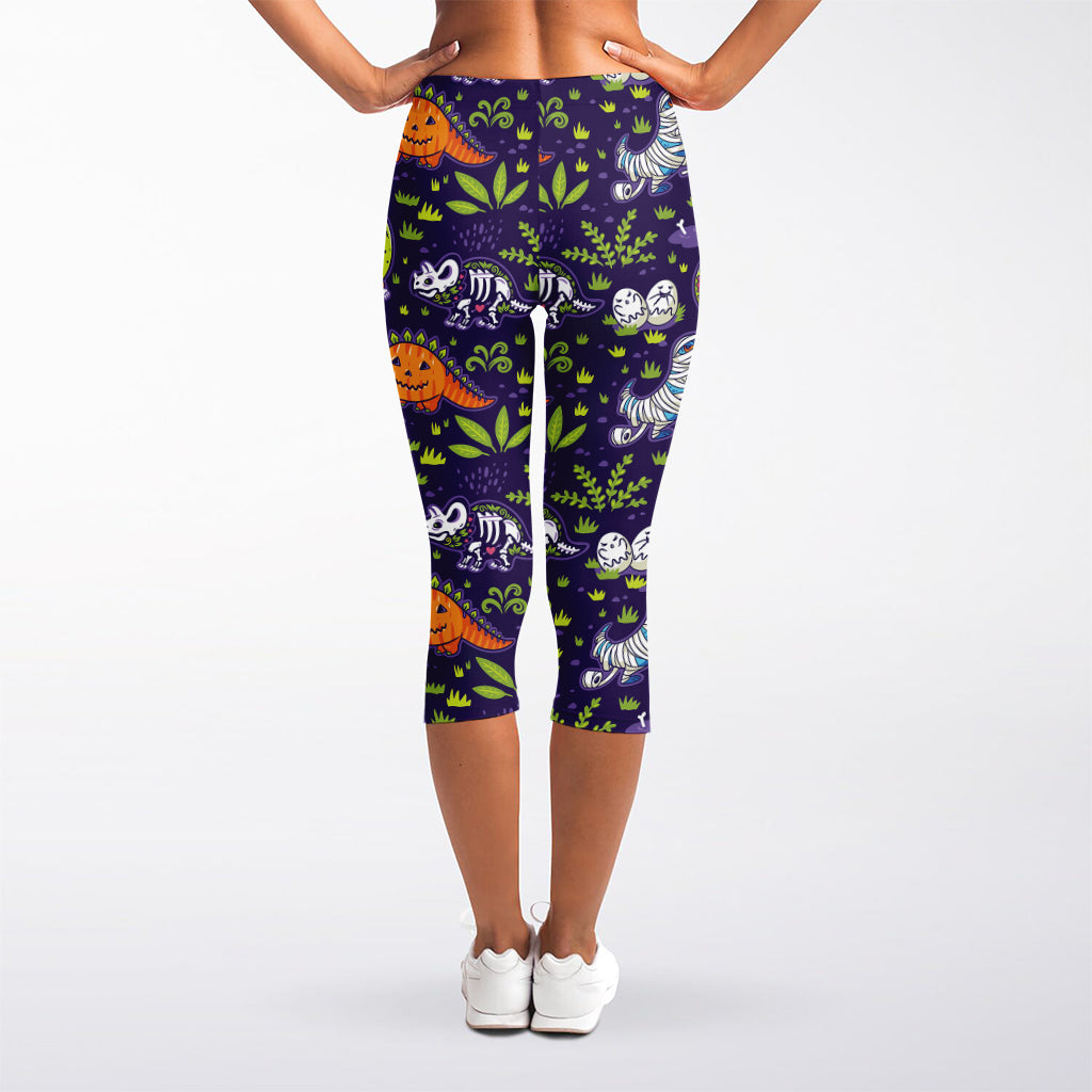 Cute Dino Halloween Pattern Print Women's Capri Leggings