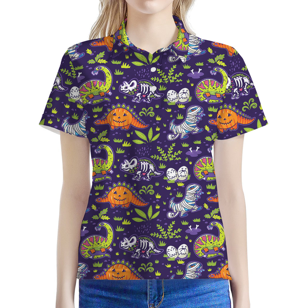 Cute Dino Halloween Pattern Print Women's Polo Shirt