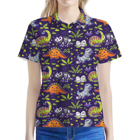 Cute Dino Halloween Pattern Print Women's Polo Shirt