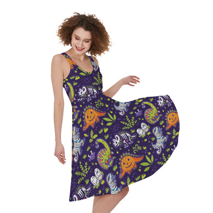 Cute Dino Halloween Pattern Print Women's Sleeveless Dress