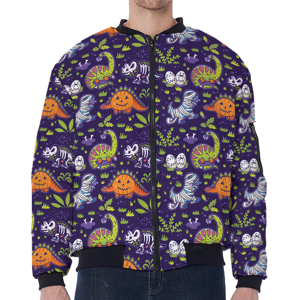 Cute Dino Halloween Pattern Print Zip Sleeve Bomber Jacket