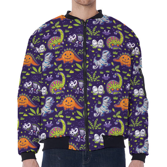 Cute Dino Halloween Pattern Print Zip Sleeve Bomber Jacket