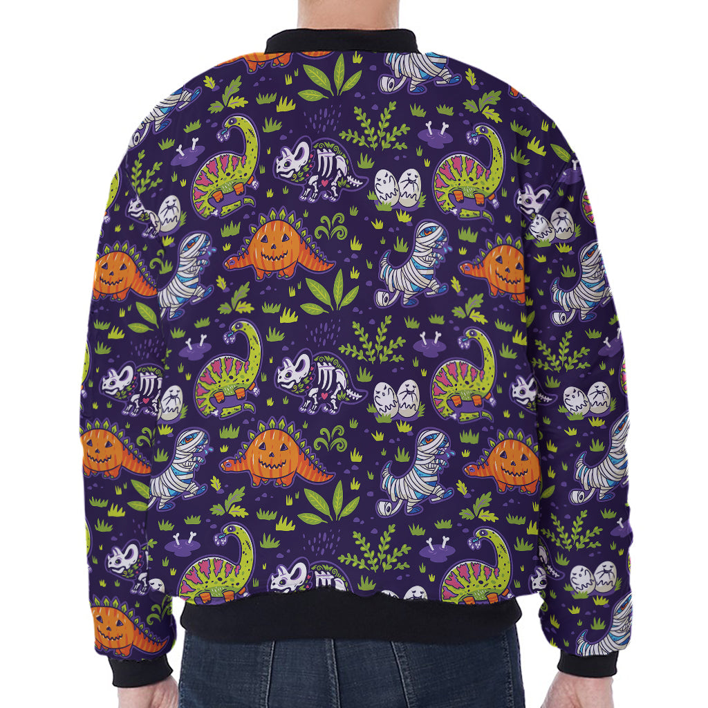 Cute Dino Halloween Pattern Print Zip Sleeve Bomber Jacket