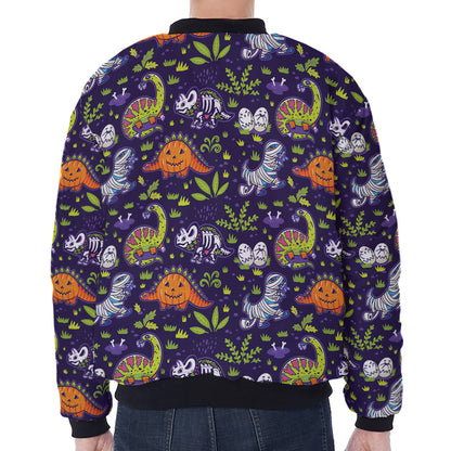 Cute Dino Halloween Pattern Print Zip Sleeve Bomber Jacket
