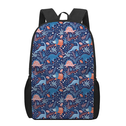 Cute Dino Leaves And Flowers Print 17 Inch Backpack