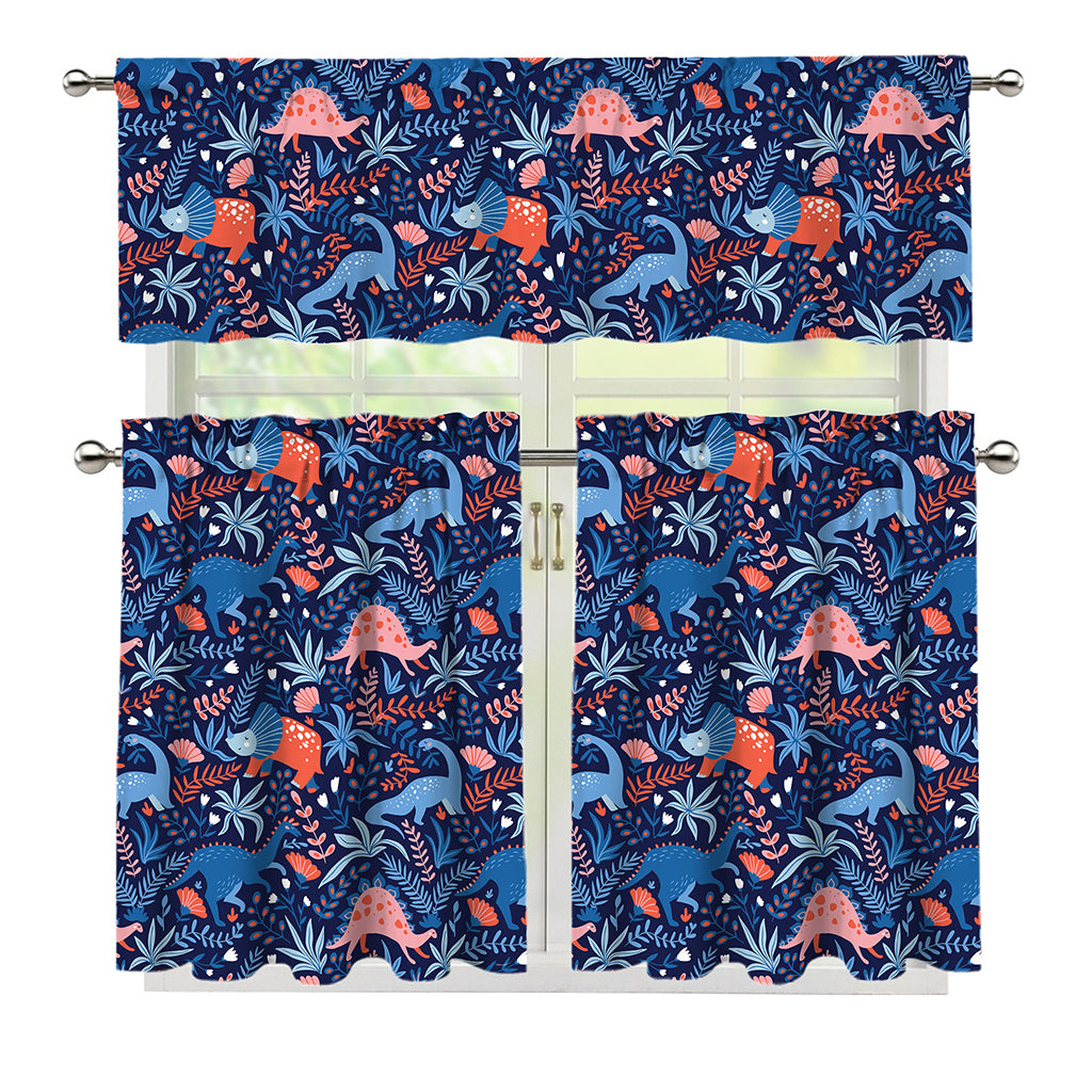 Cute Dino Leaves And Flowers Print 3 Piece Kitchen Curtains