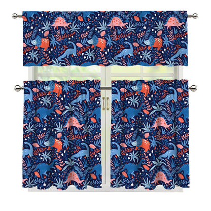 Cute Dino Leaves And Flowers Print 3 Piece Kitchen Curtains