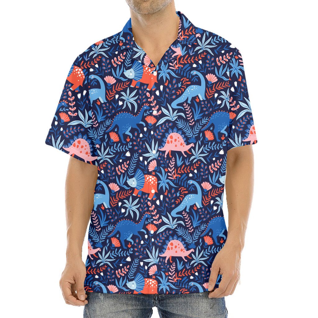 Cute Dino Leaves And Flowers Print Aloha Shirt