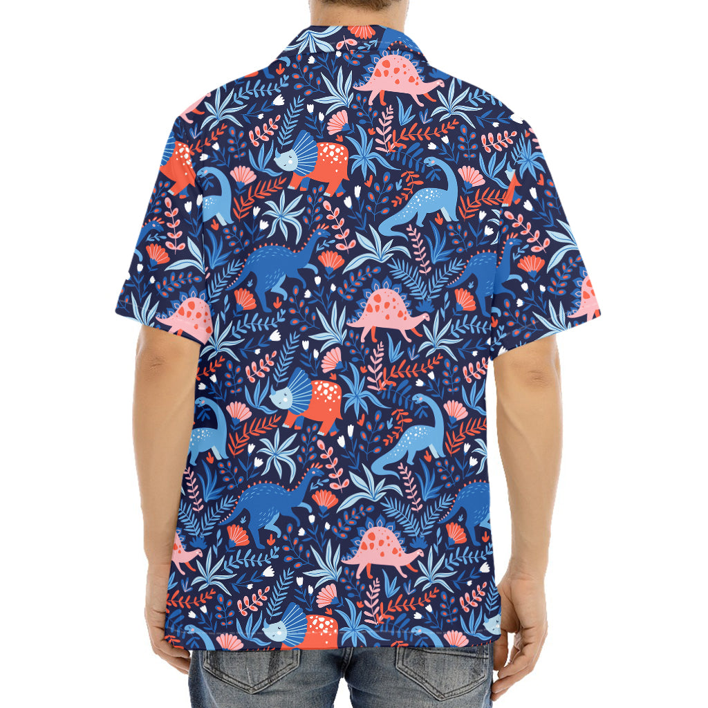 Cute Dino Leaves And Flowers Print Aloha Shirt