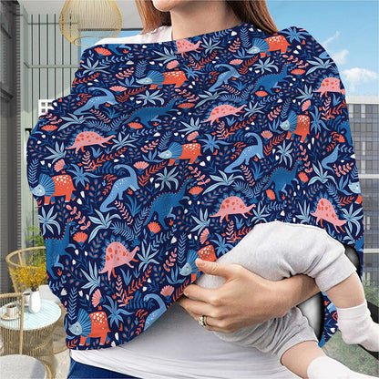 Cute Dino Leaves And Flowers Print Baby Seat Cover