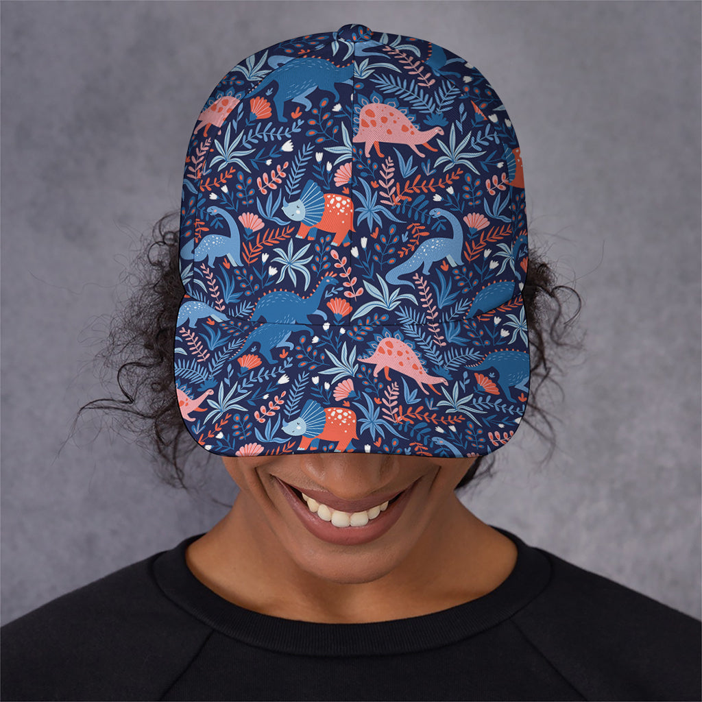 Cute Dino Leaves And Flowers Print Baseball Cap