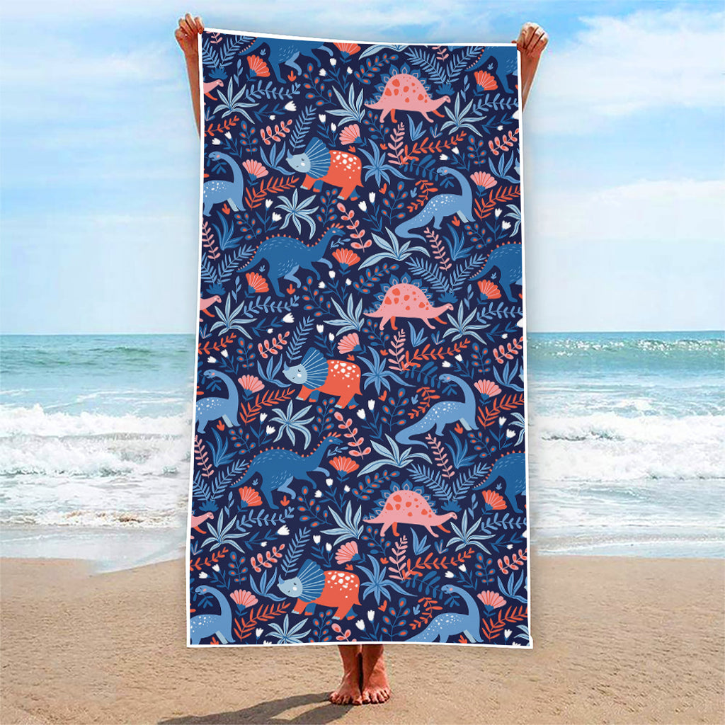 Cute Dino Leaves And Flowers Print Beach Towel