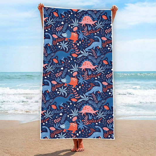 Cute Dino Leaves And Flowers Print Beach Towel