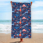 Cute Dino Leaves And Flowers Print Beach Towel