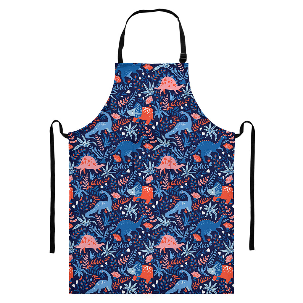 Cute Dino Leaves And Flowers Print Bib Apron With Pocket