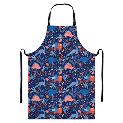 Cute Dino Leaves And Flowers Print Bib Apron With Pocket
