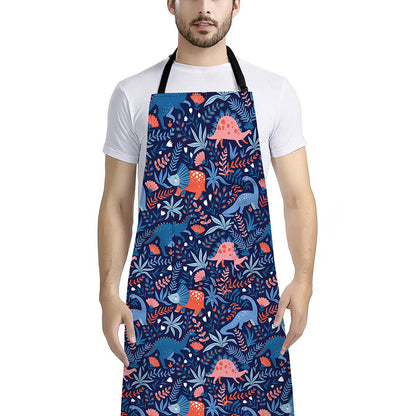 Cute Dino Leaves And Flowers Print Bib Apron With Pocket