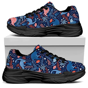 Cute Dino Leaves And Flowers Print Black Chunky Shoes