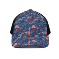 Cute Dino Leaves And Flowers Print Black Mesh Trucker Hat