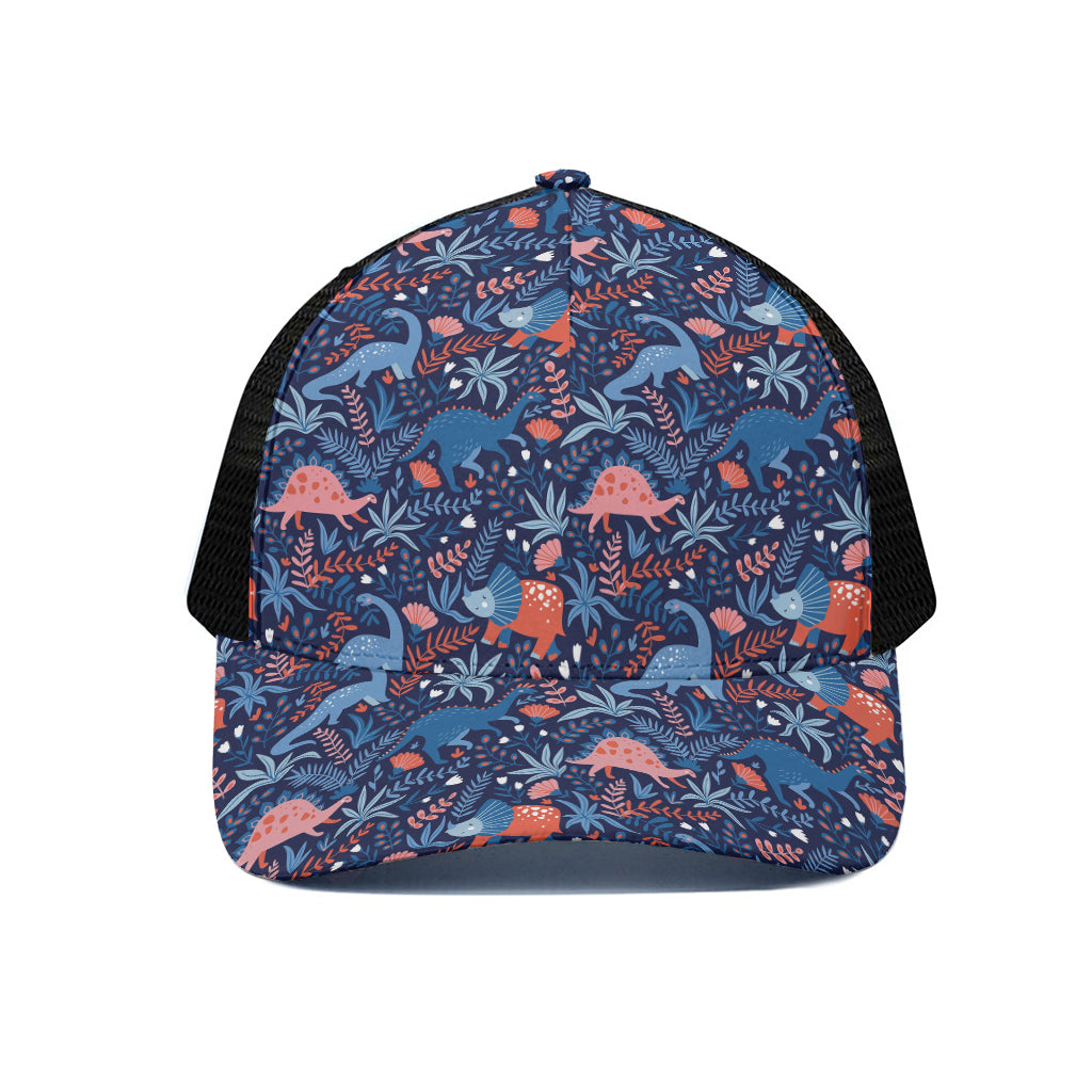 Cute Dino Leaves And Flowers Print Black Mesh Trucker Cap