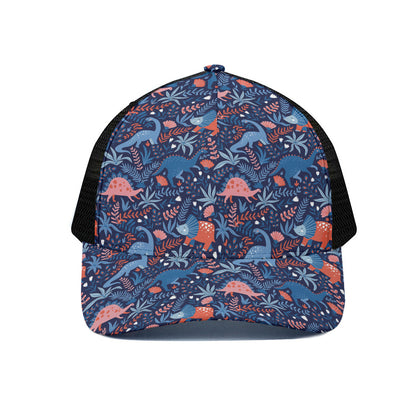 Cute Dino Leaves And Flowers Print Black Mesh Trucker Cap