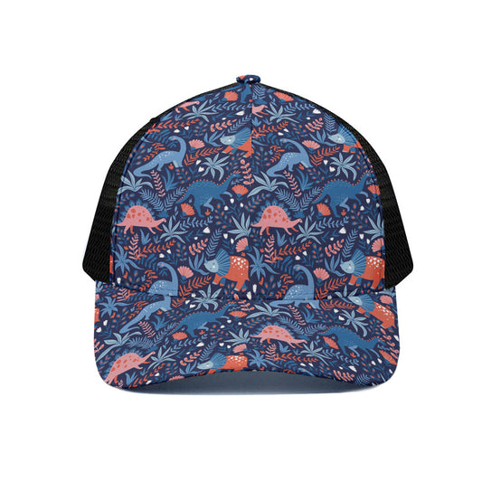 Cute Dino Leaves And Flowers Print Black Mesh Trucker Cap