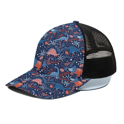 Cute Dino Leaves And Flowers Print Black Mesh Trucker Cap