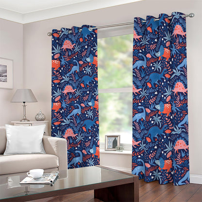 Cute Dino Leaves And Flowers Print Blackout Grommet Curtains
