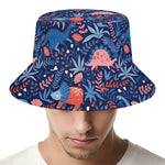 Cute Dino Leaves And Flowers Print Bucket Hat