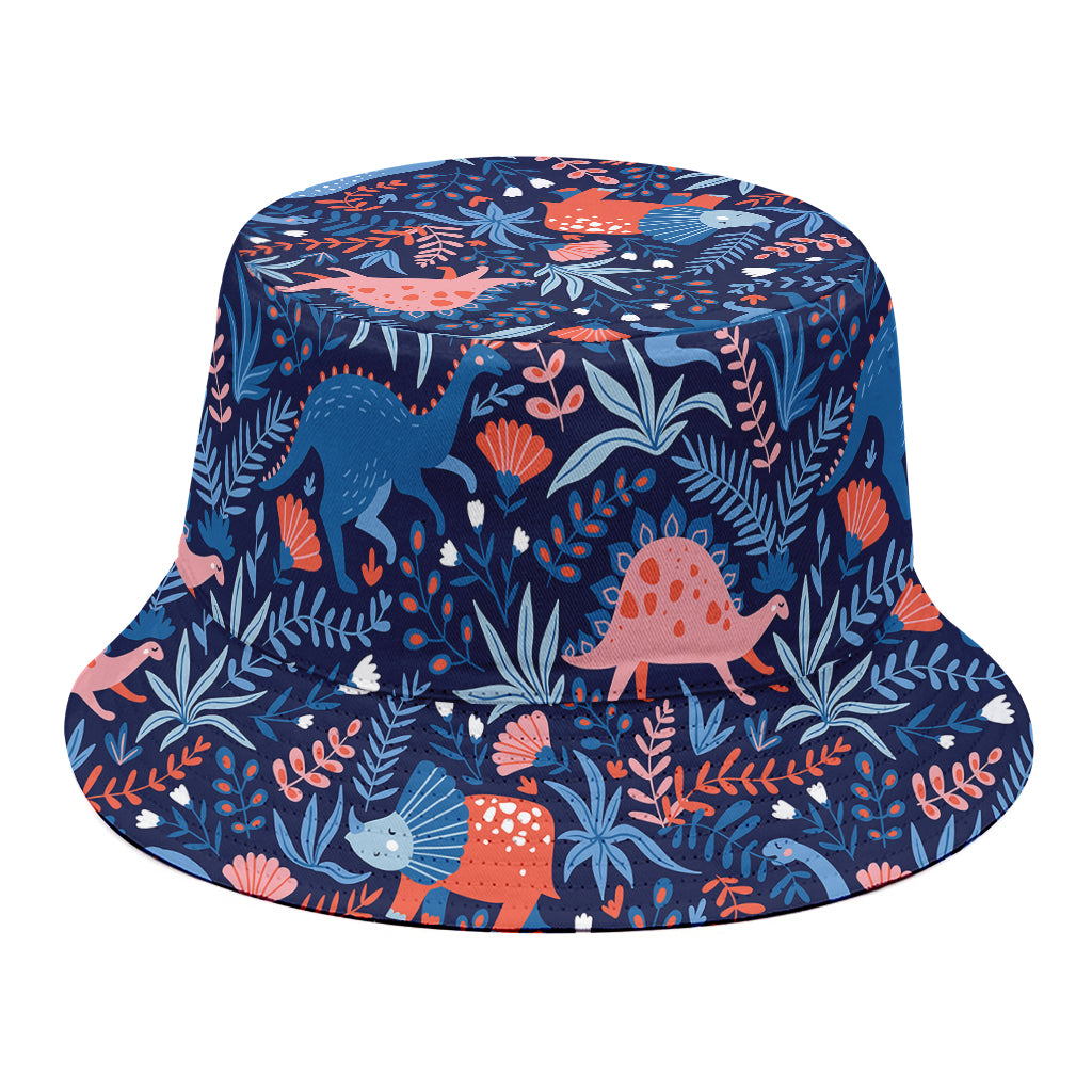 Cute Dino Leaves And Flowers Print Bucket Hat