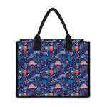 Cute Dino Leaves And Flowers Print Canvas Tote Bag