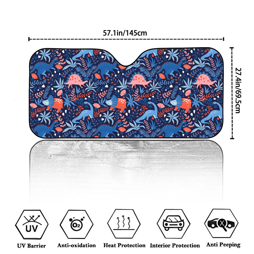 Cute Dino Leaves And Flowers Print Car Windshield Sun Shade