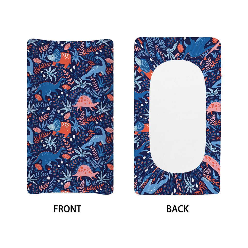 Cute Dino Leaves And Flowers Print Changing Pad Cover