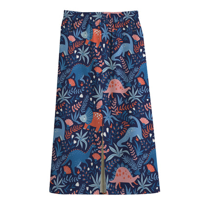Cute Dino Leaves And Flowers Print Cotton Front Slit Maxi Skirt