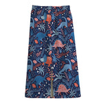 Cute Dino Leaves And Flowers Print Cotton Front Slit Maxi Skirt