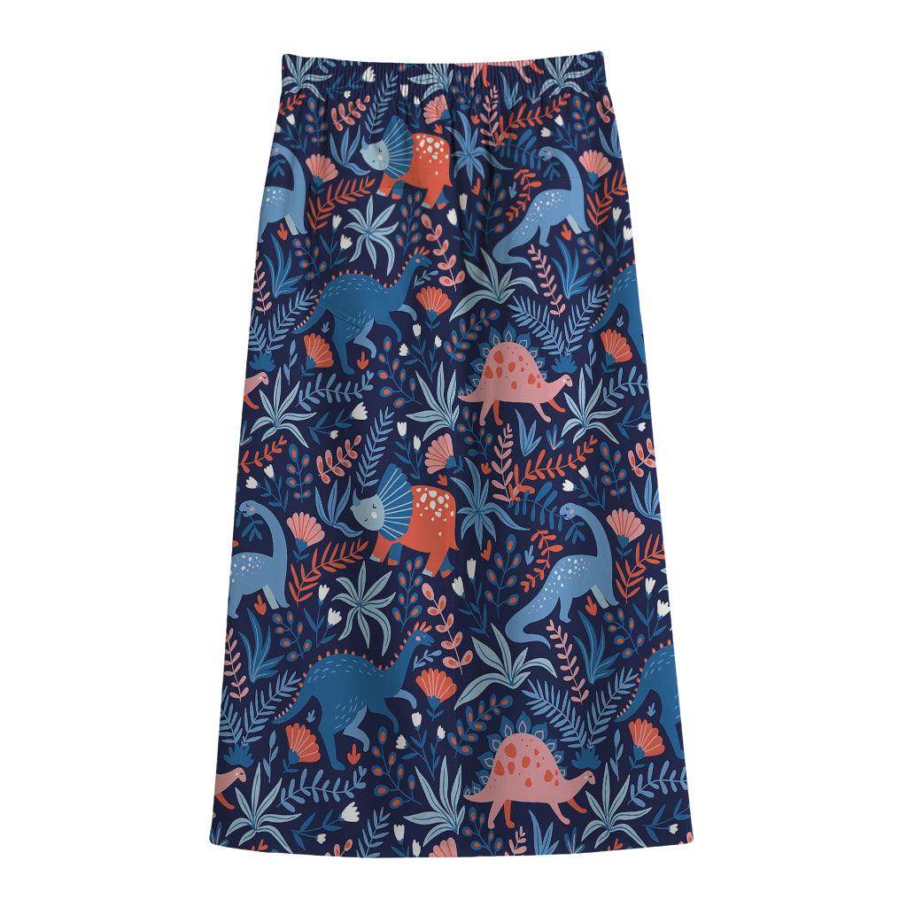 Cute Dino Leaves And Flowers Print Cotton Front Slit Maxi Skirt