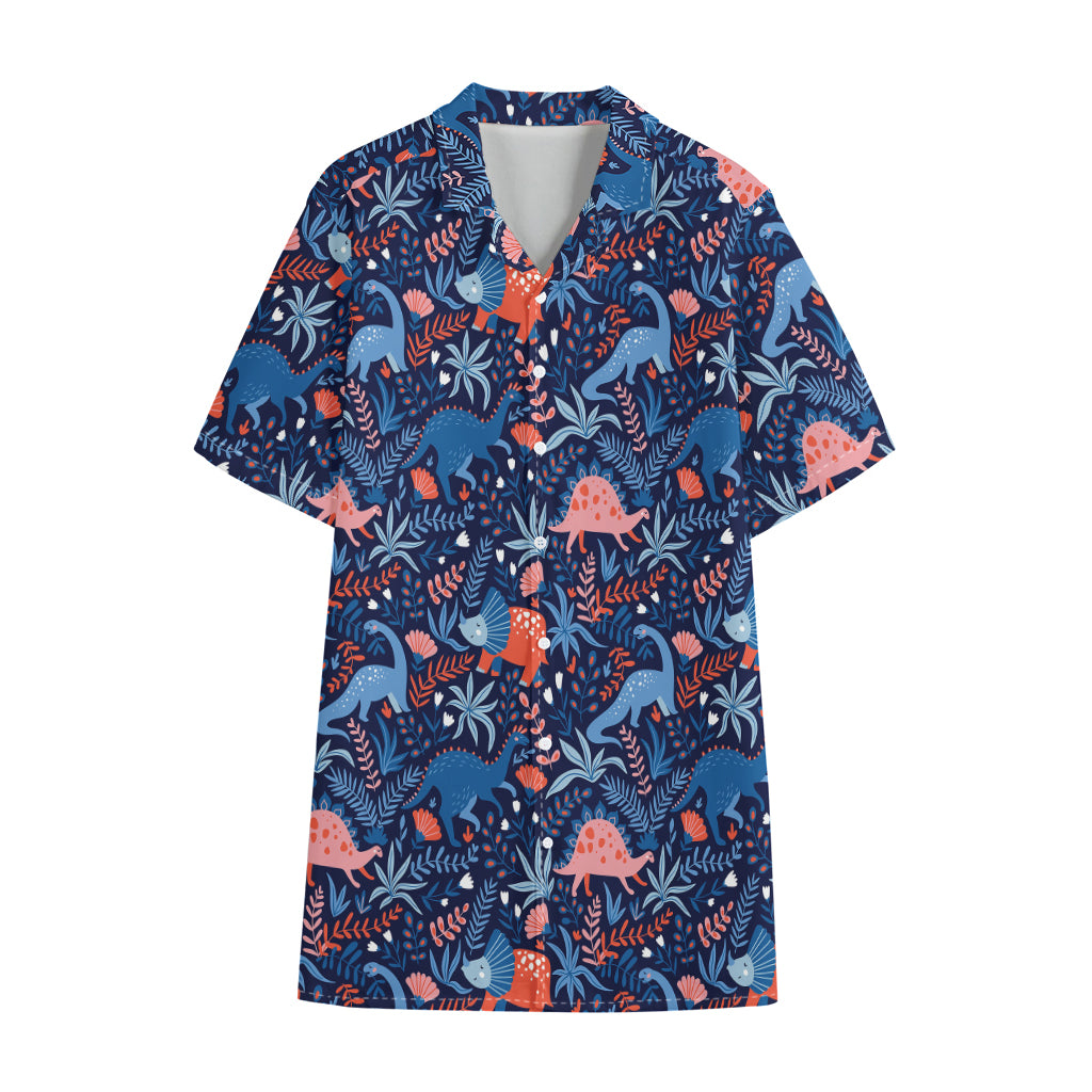 Cute Dino Leaves And Flowers Print Cotton Hawaiian Shirt