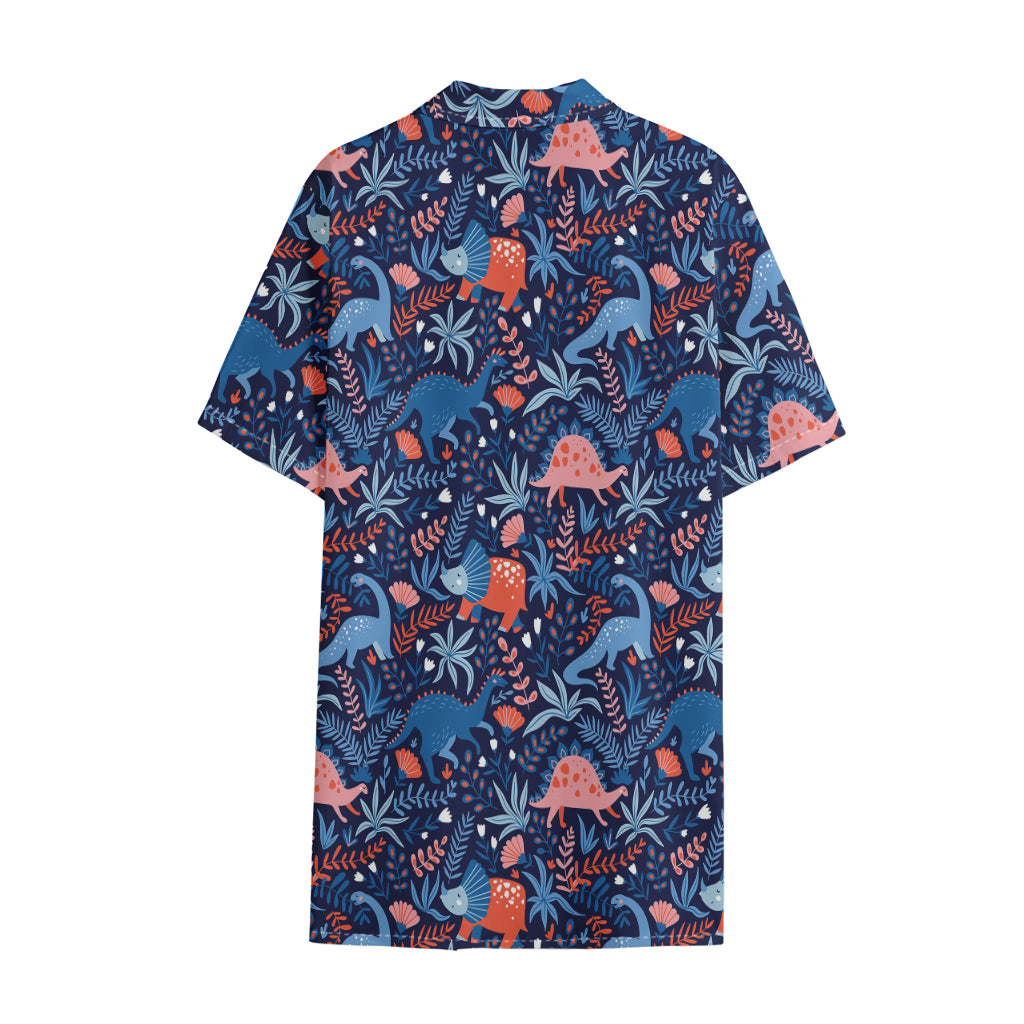Cute Dino Leaves And Flowers Print Cotton Hawaiian Shirt