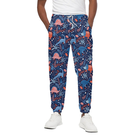 Cute Dino Leaves And Flowers Print Cotton Pants