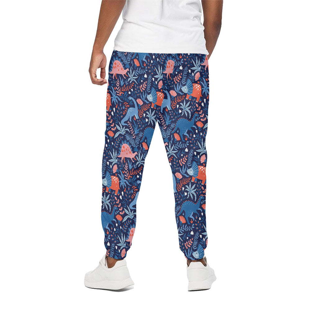 Cute Dino Leaves And Flowers Print Cotton Pants
