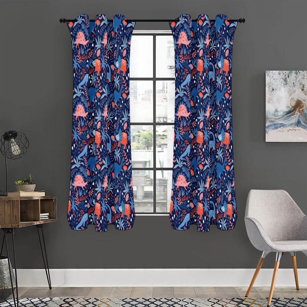 Cute Dino Leaves And Flowers Print Curtain