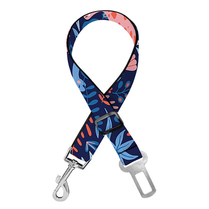 Cute Dino Leaves And Flowers Print Dog Seat Belt