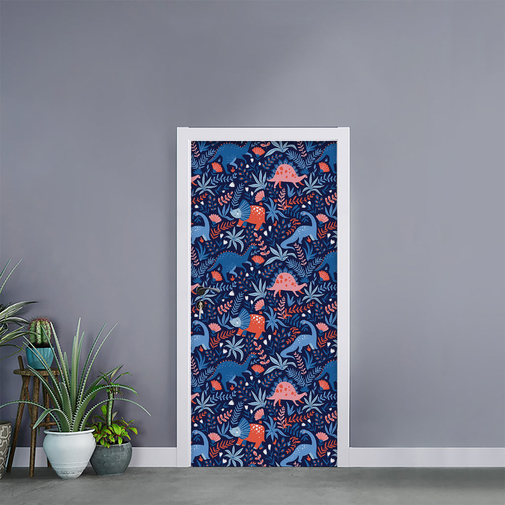Cute Dino Leaves And Flowers Print Door Sticker