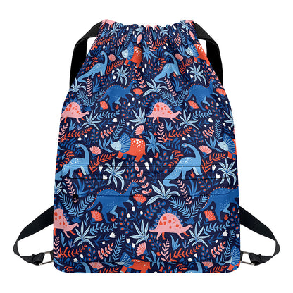 Cute Dino Leaves And Flowers Print Drawstring Backpack