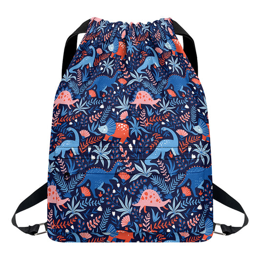 Cute Dino Leaves And Flowers Print Drawstring Backpack