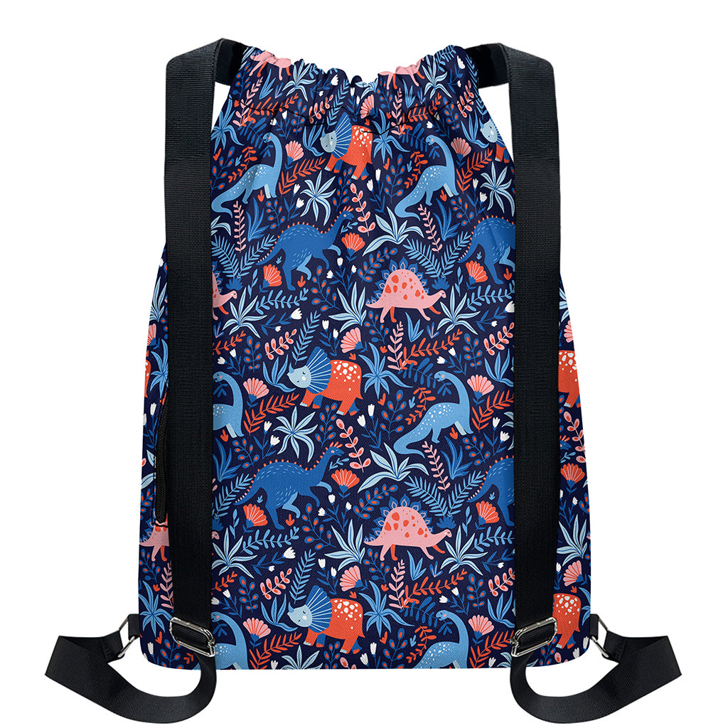 Cute Dino Leaves And Flowers Print Drawstring Backpack