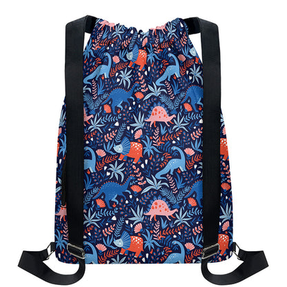 Cute Dino Leaves And Flowers Print Drawstring Backpack
