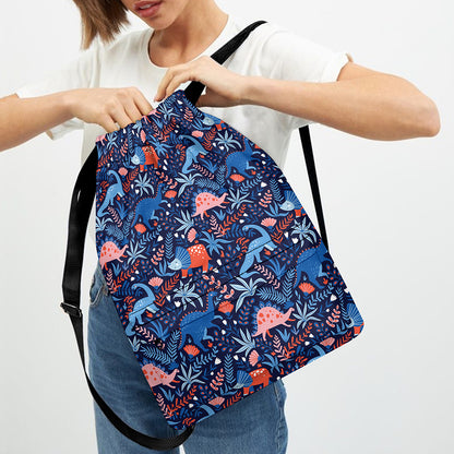 Cute Dino Leaves And Flowers Print Drawstring Backpack