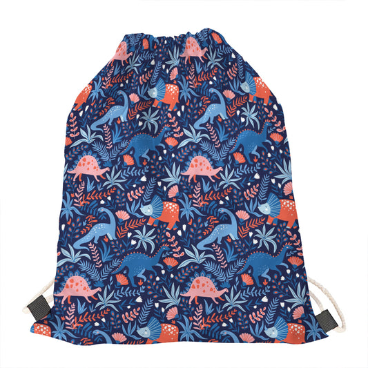 Cute Dino Leaves And Flowers Print Drawstring Bag