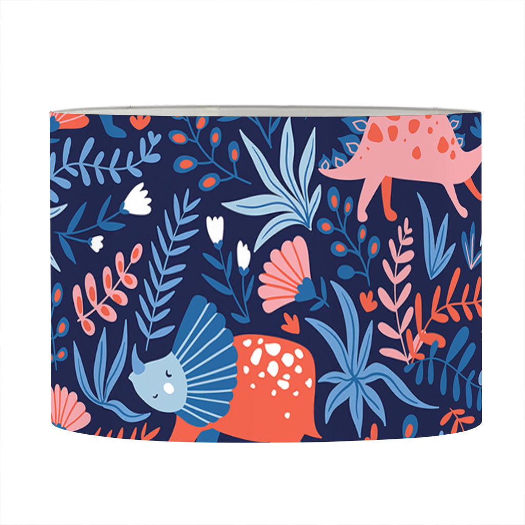 Cute Dino Leaves And Flowers Print Drum Lamp Shade